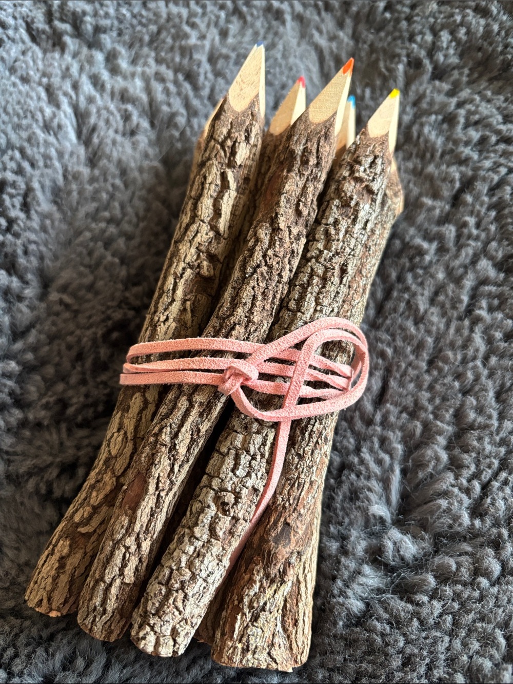 Natural Wood Twig Colored Pencil Set with Pink Tie